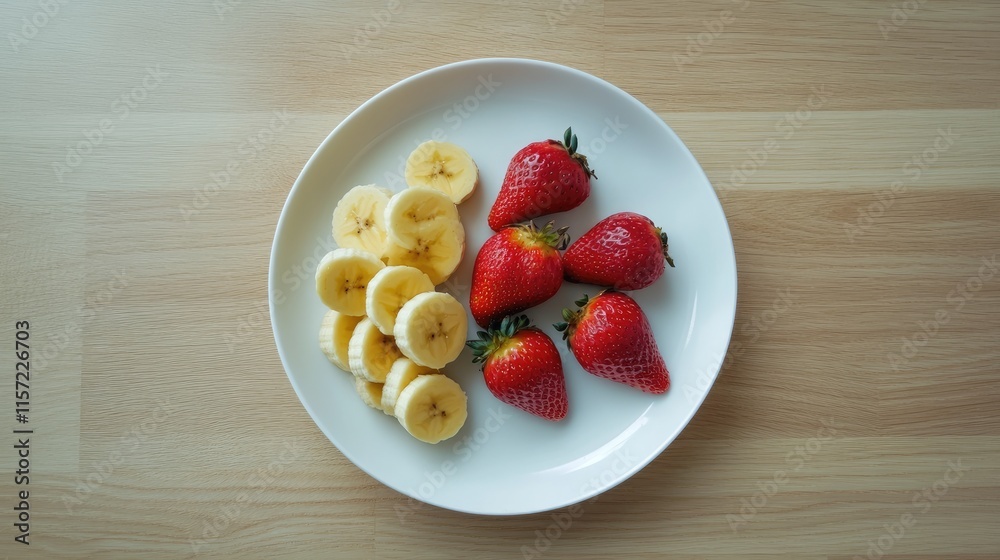 Fresh Strawberries and Bananas on White Plate Over Light Wood Surface Fresh Strawberries and Bananas on White Plate Over Light Wood Surface