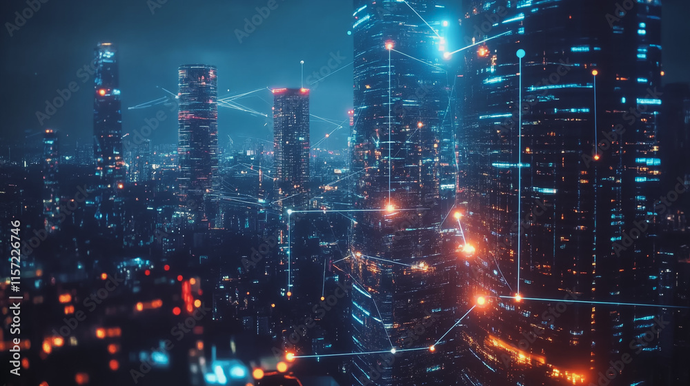 Smart digital Innovation city with connection network reciprocity over the cityscape. of future smart wireless digital city and social media networking systems that connects people with in city Smart digital Innovation city with connection network reciprocity over the cityscape. of future smart wireless digital city and social media networking systems that connects people with in city