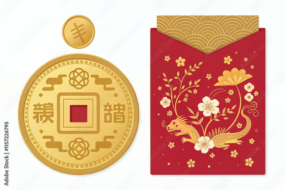 christmas card with ribbon Set of gold decorative elements in asian style with rats, paw prints, clouds, lanterns, flowers, tree branch, fireworks, christmas card with ribbon Set of gold decorative elements in asian style with rats, paw prints, clouds, lanterns, flowers, tree branch, fireworks,