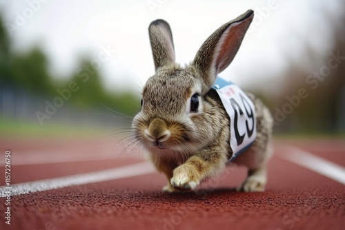 A lively rabbit in a blue numbered bib races eagerly on a track, showcasing a blend of youthful energy, playful spirit, and intense concentration.