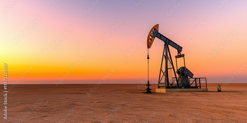Oil pumpjack operating in Arabian desert at sunset with Oil industry in the Arab world concept Oil pumpjack operating in Arabian desert at sunset with Oil industry in the Arab world concept