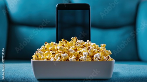 Close up of smartphone in bowl of popcorn on couch in living room with copy space photo