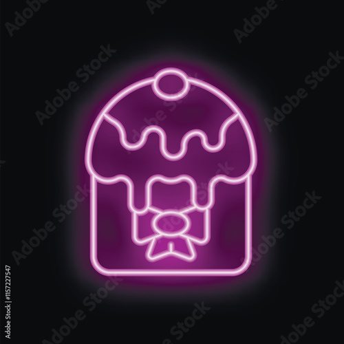Neon sign of a glazed easter cake with a bow, glowing purple on a black background