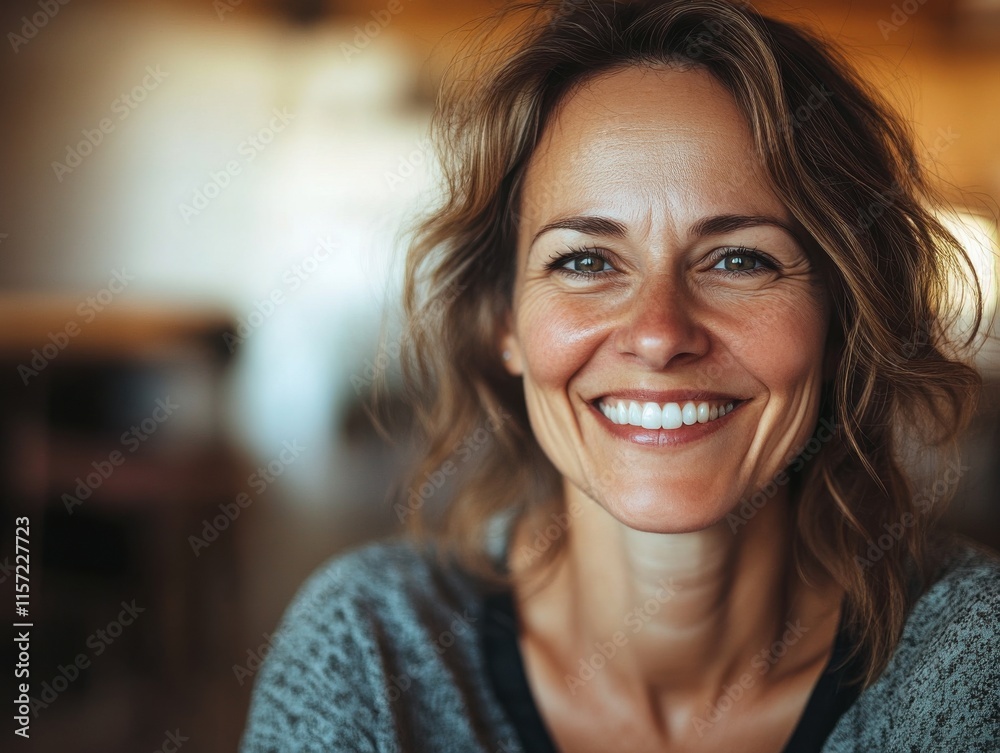 Smiling woman with curly hair in cozy indoor setting enjoying a cheerful moment during the afternoon Smiling woman with curly hair in cozy indoor setting enjoying a cheerful moment during the afternoon