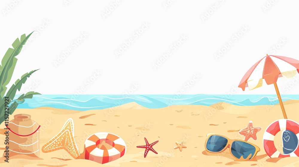 Seaside Composition with Various Beach Objects on Sand Against White Background Seaside Composition with Various Beach Objects on Sand Against White Background