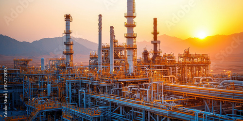 Vibrant sunrise over industrial complex in desert with Oil industry in the Arab world concept