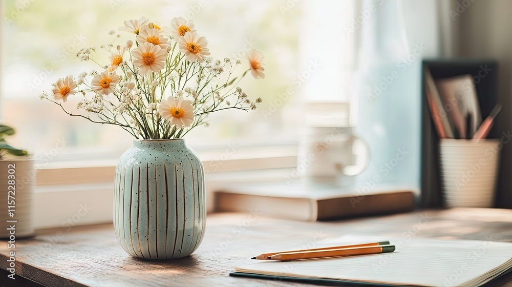 A cozy desk setup featuring a ceramic pencil vase and a small vase of fresh flowers for decor. A cozy desk setup featuring a ceramic pencil vase and a small vase of fresh flowers for decor.