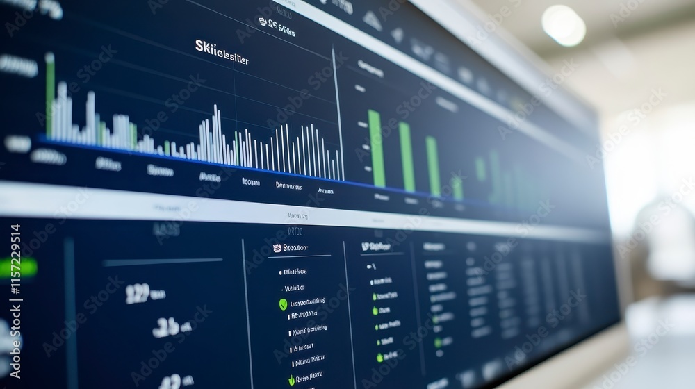A sleek computer screen displaying data visualizations, including graphs and statistics, indicative of analytics and performance metrics. A sleek computer screen displaying data visualizations, including graphs and statistics, indicative of analytics and performance metrics.