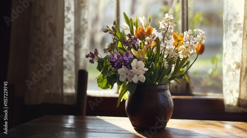 Wallpaper Mural Bouquet of colorful flowers in a vase on a wooden table by the window Torontodigital.ca