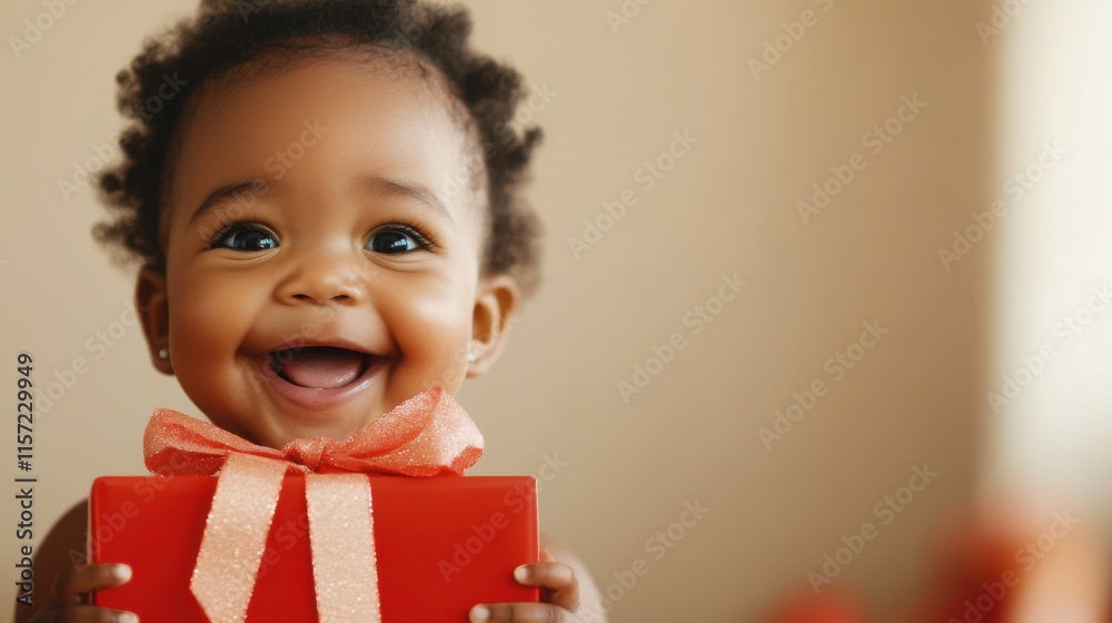 Joyful baby smiling while holding a brightly wrapped red gift with a bow in a bright indoor setting during a festive occasion Joyful baby smiling while holding a brightly wrapped red gift with a bow in a bright indoor setting during a festive occasion