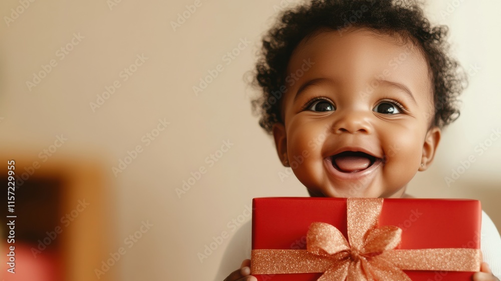 Baby joyfully holds a beautifully wrapped present, showcasing excitement and happiness during a special occasion at home Baby joyfully holds a beautifully wrapped present, showcasing excitement and happiness during a special occasion at home