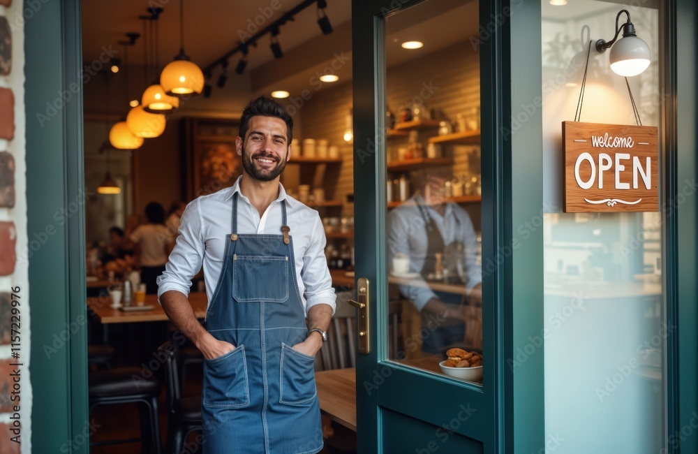 Smiling cafe owner stands at doorway. Sign says Open. Small business in focus. Friendly, welcoming. Person wearing apron looks directly at camera. Energetic vibe. Customer-focused establishment. Smiling cafe owner stands at doorway. Sign says Open. Small business in focus. Friendly, welcoming. Person wearing apron looks directly at camera. Energetic vibe. Customer-focused establishment.