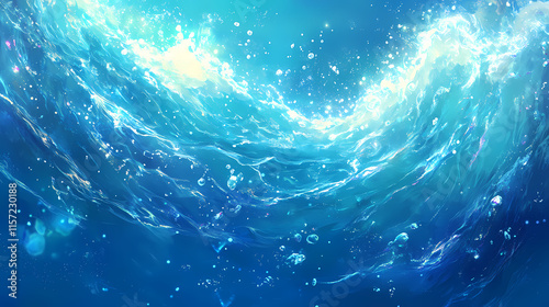 Mesmerizing wave curl underwater seascape with turquoise blue water swirling motion and sparkling light reflections creating a serene and dynamic natural scene. Spindrift. Illustration