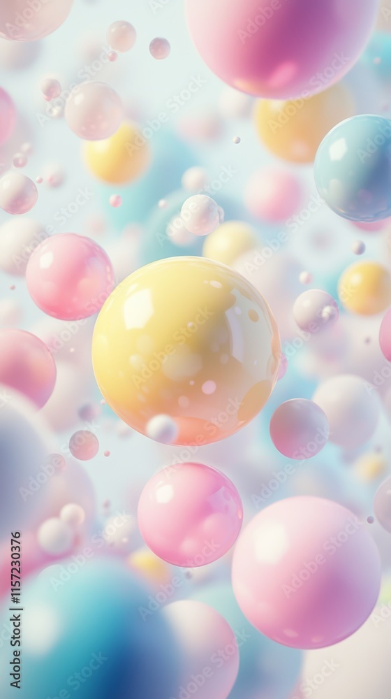 Many colorful spheres are floating in a pastel dreamlike background, creating a joyful and playful atmosphere with a sense of wonder and magic Many colorful spheres are floating in a pastel dreamlike background, creating a joyful and playful atmosphere with a sense of wonder and magic
