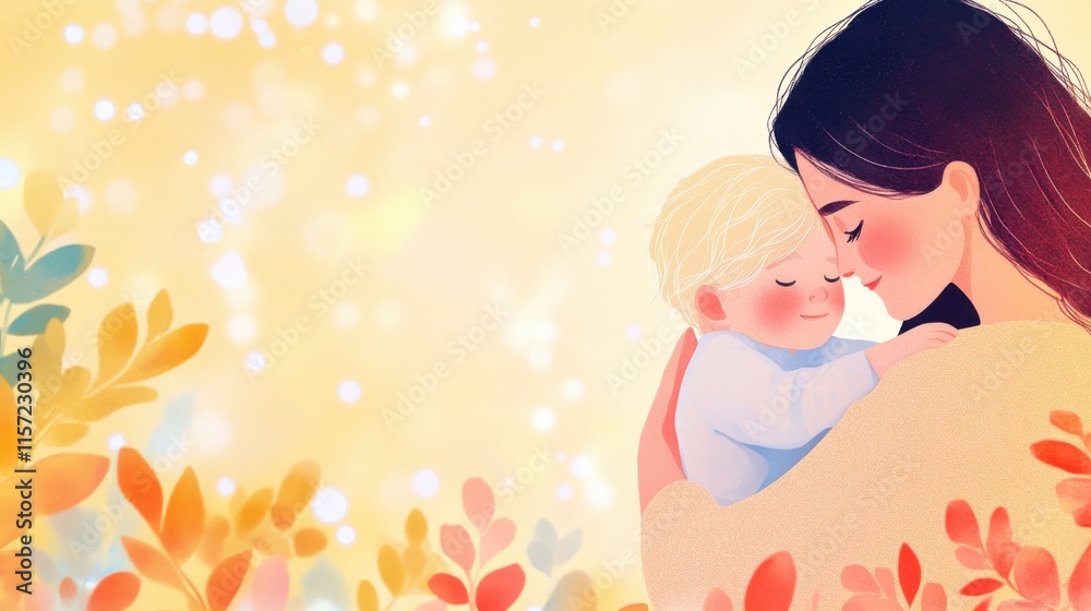 Mother embraces her smiling child in a warm autumn setting filled with colorful leaves Mother embraces her smiling child in a warm autumn setting filled with colorful leaves