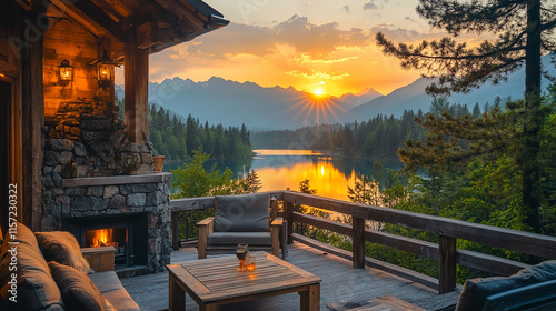 Cozy terrace with wooden furniture and a view of the mountains and lake at sunset. The warm light from the lanterns hanging on both sides of the terrace adds to the peaceful atmosphere.