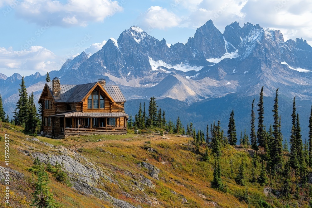 A classic wooden cabin nestled amidst dense pine forests with majestic snow-capped mountains standing tall in the distance, radiating a sense of natural serenity. A classic wooden cabin nestled amidst dense pine forests with majestic snow-capped mountains standing tall in the distance, radiating a sense of natural serenity.