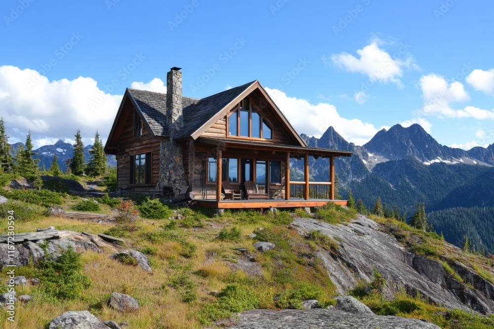 A charming rustic wooden cabin perched on a lush mountainside under a vibrant blue sky with impressive mountain peaks in the background, perfect for serenity seekers. A charming rustic wooden cabin perched on a lush mountainside under a vibrant blue sky with impressive mountain peaks in the background, perfect for serenity seekers.
