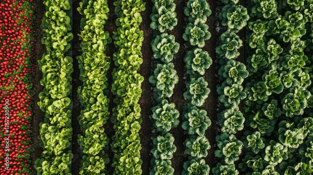 A drone view of a sprawling strawberry greenhouse farm with rows of vibrant plants.