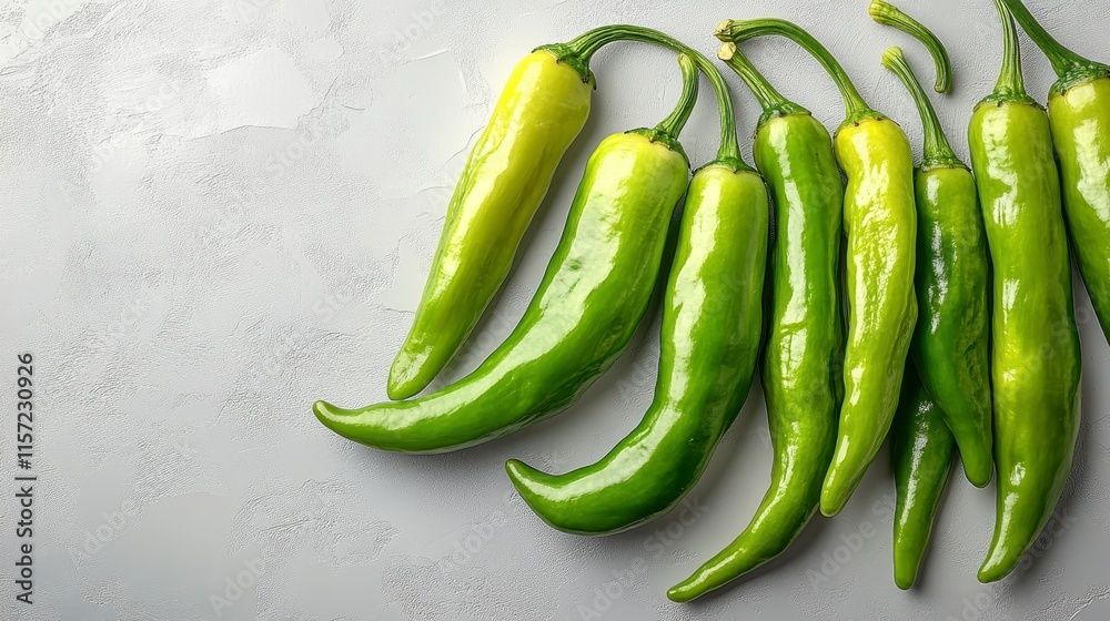 Close-up of seven vibrant green chili peppers arranged on a light gray textured surface. Close-up of seven vibrant green chili peppers arranged on a light gray textured surface.