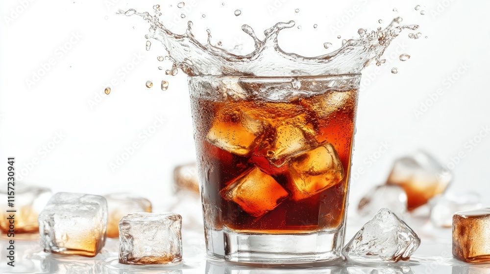 A dynamic image of fresh cola splashing out of a tilted glass, with ice cubes scattering on white. A dynamic image of fresh cola splashing out of a tilted glass, with ice cubes scattering on white.