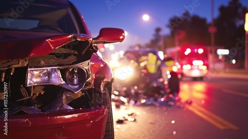 Car accident involving multiple vehicles on a city street during twilight, emergency responders arriving to assist the injured and assess the damage
