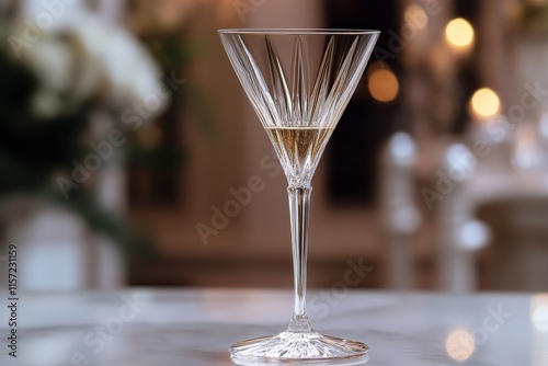 A luxurious glass half-filled with champagne sits gracefully on a marble table, exuding elegance and refinement, surrounded by soft, ambient indoor lighting effects. photo