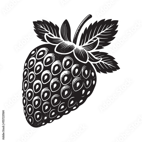 Strawberry Silhouette Vector Illustration, Solid White Background.