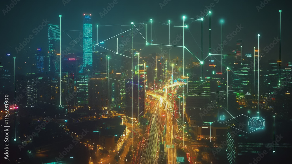 Smart digital Innovation city with connection network reciprocity over the cityscape. of future smart wireless digital city and social media networking systems that connects people with in city Smart digital Innovation city with connection network reciprocity over the cityscape. of future smart wireless digital city and social media networking systems that connects people with in city