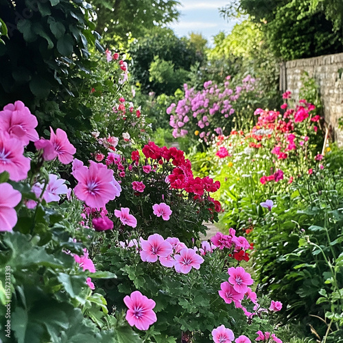 Wallpaper Mural vibrant garden filled with blooming pink and red flowers, showcasing beautiful array of geraniums and other floral varieties. lush greenery enhances colorful display, creating serene atmosphere Torontodigital.ca