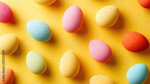 A flat lay of colorful egg-shaped makeup sponges on a bright yellow background for a cheerful vibe.