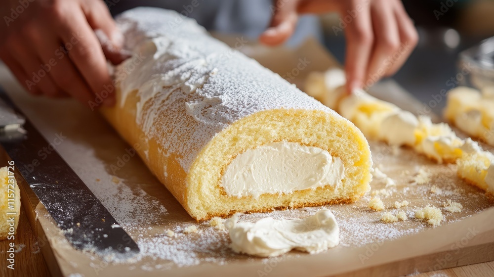 A fluffy sponge cake roll being unrolled and filled with cream, showing the baking process. A fluffy sponge cake roll being unrolled and filled with cream, showing the baking process.
