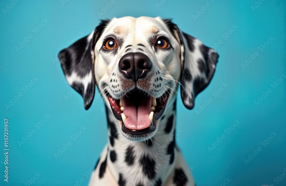Studio shot of happy dalmatian dog. Pet surprised expression. Isolated on blue background. Cute animal portrait. Ideal for pet lovers. Perfect for animal theme. Young dog in studio. Domestic breed. Studio shot of happy dalmatian dog. Pet surprised expression. Isolated on blue background. Cute animal portrait. Ideal for pet lovers. Perfect for animal theme. Young dog in studio. Domestic breed.