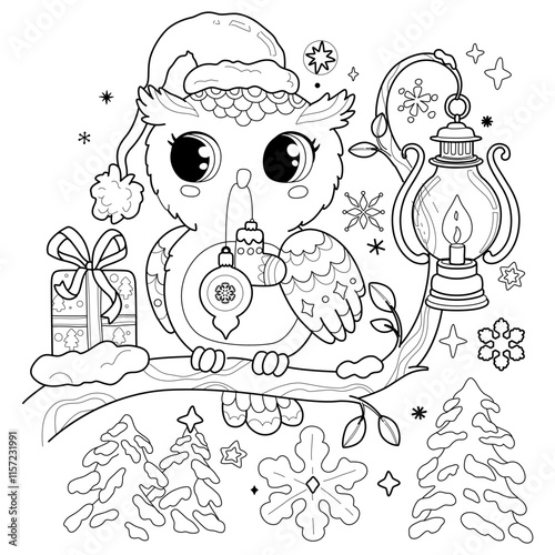 Cute Cartoon Owl in winter hat sitting on tree.