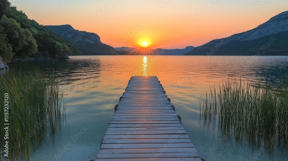 Naklejka premium Serene sunrise over calm lake with wooden pier. (2)