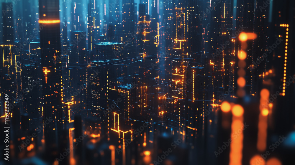 Smart digital Innovation city with connection network reciprocity over the cityscape. of future smart wireless digital city and social media networking systems that connects people with in city