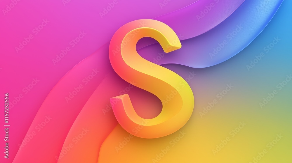 Fototapeta premium Large, rounded, yellow 3d letter s contrasts with flowing, multicolored waves, creating a vibrant and cheerful composition ideal for modern design projects