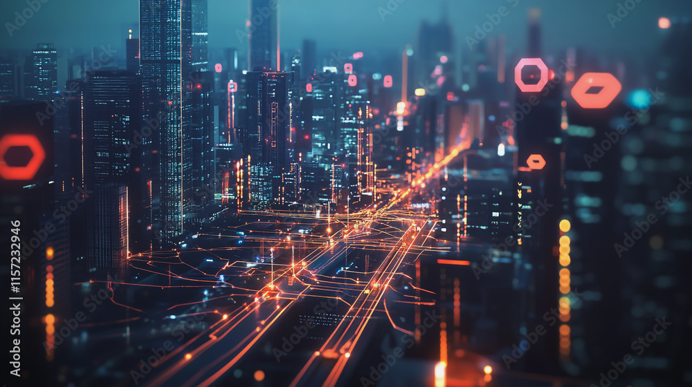 Fototapeta premium Smart digital Innovation city with connection network reciprocity over the cityscape. of future smart wireless digital city and social media networking systems that connects people with in city