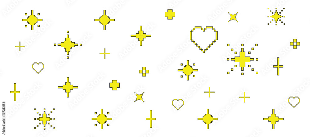 Yellow sparkling elements of Y2K stars. Glittering pixel art. Hearts. 90's aesthetic mood. 8-bit editable vector illustration. Game abstract on white background. Yellow sparkling elements of Y2K stars. Glittering pixel art. Hearts. 90's aesthetic mood. 8-bit editable vector illustration. Game abstract on white background.