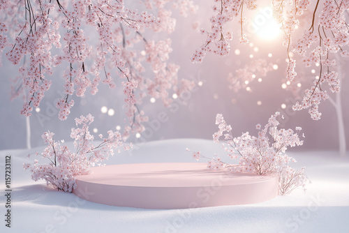

A 3D-rendered pink display platform nestled in a tranquil winter scene, accented by delicate cherry blossoms. The design features icy tones and subtle holiday touches, including snowflakes and frost