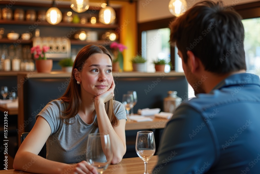 Intimate Conversation in Cozy Restaurant: Couple Sharing Wine and Moments Together Intimate Conversation in Cozy Restaurant: Couple Sharing Wine and Moments Together