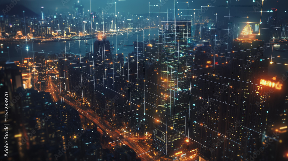 Smart digital Innovation city with connection network reciprocity over the cityscape. of future smart wireless digital city and social media networking systems that connects people with in city