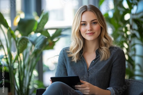 A confident blonde woman sits in a well-lit, plant-filled space, holding a tablet. The scene exudes both comfort and professionalism, hinting at a modern workstyle.