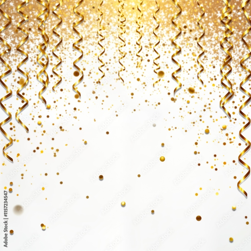 Golden confetti and streamers falling against a white background. Festive and celebratory design for party decorations. Ideal for birthday parties or any special occasion. Golden confetti and streamers falling against a white background. Festive and celebratory design for party decorations. Ideal for birthday parties or any special occasion.