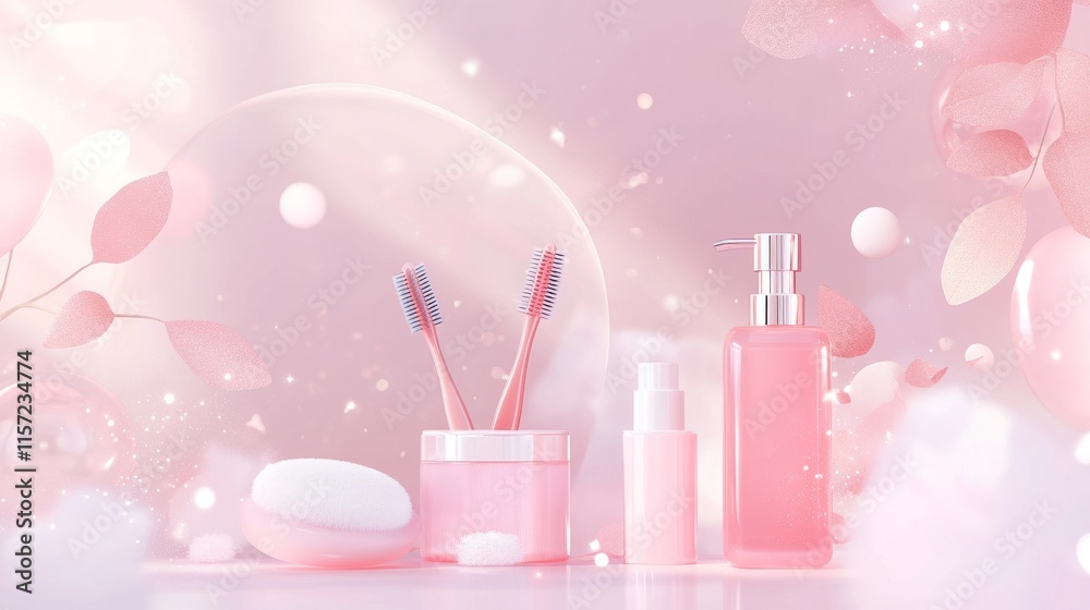 Elegant pink cosmetic display on soft background. Elegant pink cosmetic display on soft background.