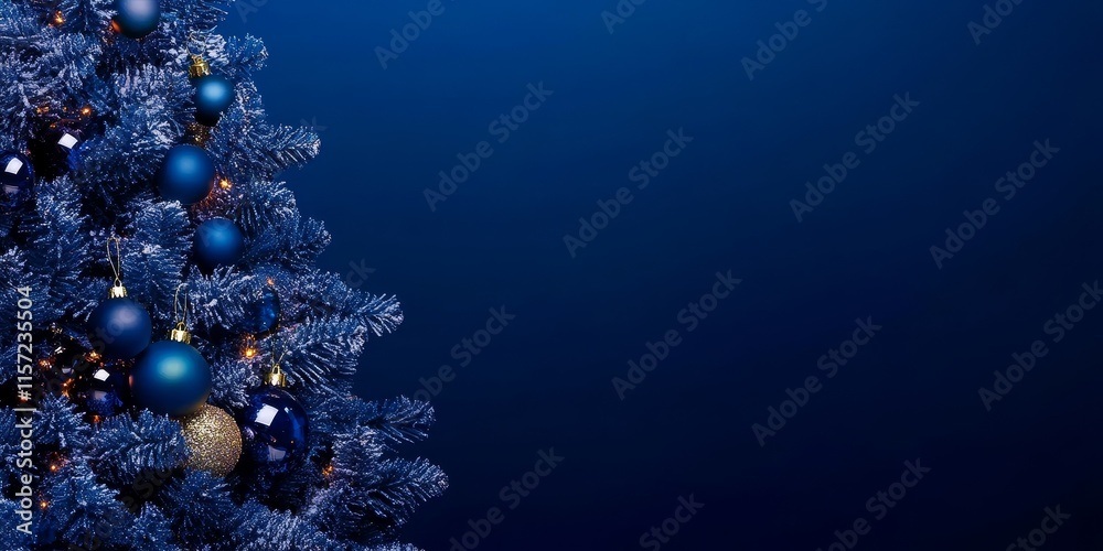Fototapeta premium Elegant Blue Christmas Tree Adorned With Ornaments Against a Dark Backdrop Creating a Festive Atmosphere for Holiday Celebrations