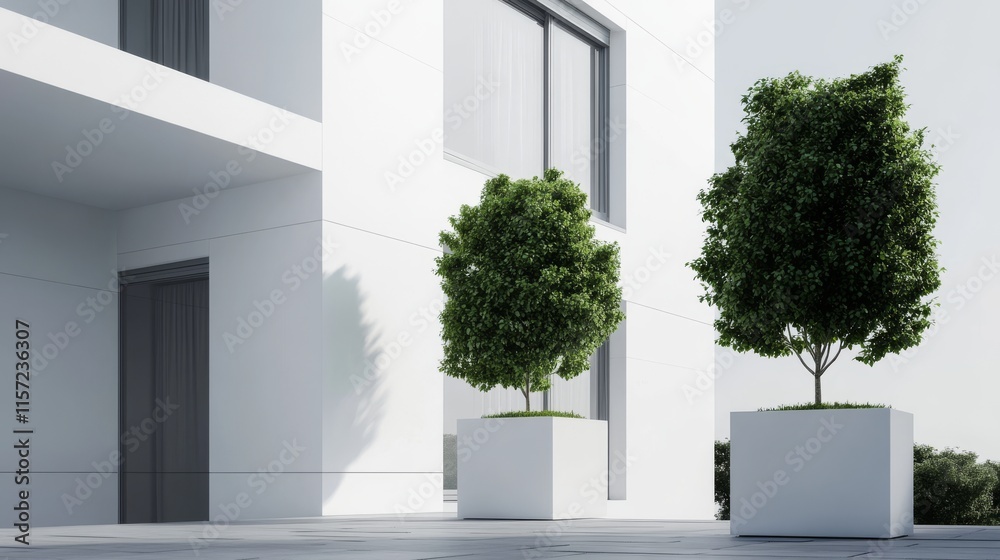 Modern building with decorative tree planters. Modern building with decorative tree planters.