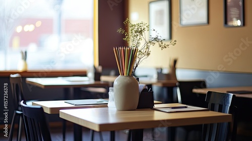 A modern coworking space with individual desks, each featuring a pencil vase and unique decor. photo