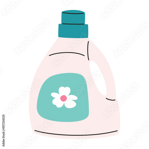 Vector illustration of large detergent bottle with floral label. Flat cartoon style doodle, bright colors, perfect for laundry, fabric softener, hygiene, and household themes, isolated colored clipart