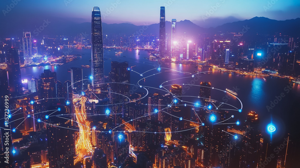 Fototapeta premium Smart digital Innovation city with connection network reciprocity over the cityscape. of future smart wireless digital city and social media networking systems that connects people with in city